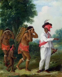 West-Indische man van kleur, die twee Caribische vrouwen met een kind aanstuurt, ca. 1780